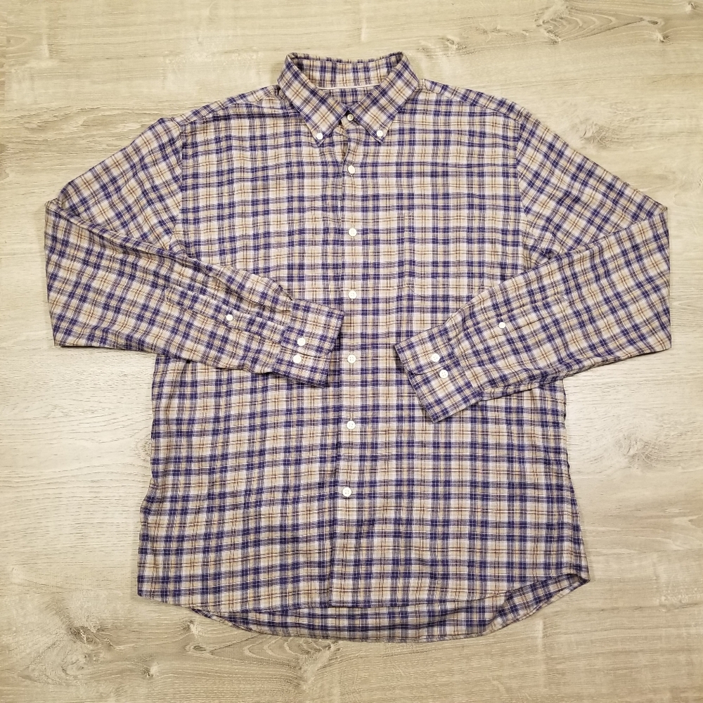 Peter Millar Mens Plaid Button Down Long Sleeve Shirt Size Large Blue Tan Stripe